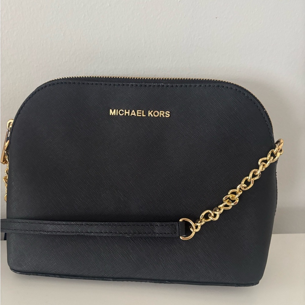 Michael Kors Black Dome Saffiano Crossbody Bag with gold chain detailing